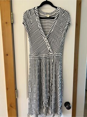 Maeve by Anthropologie Black and White Striped Midi Wrap Dress
